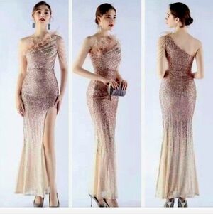 Gold, One Shoulder Beaded,Feather Neckline, Gradient Print,  Sequined Gown